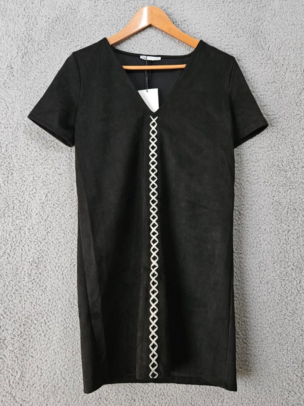 Zara Black Mini Dress M Medium Shift Faux Suede Short Sleeve V-Neck Minimalist